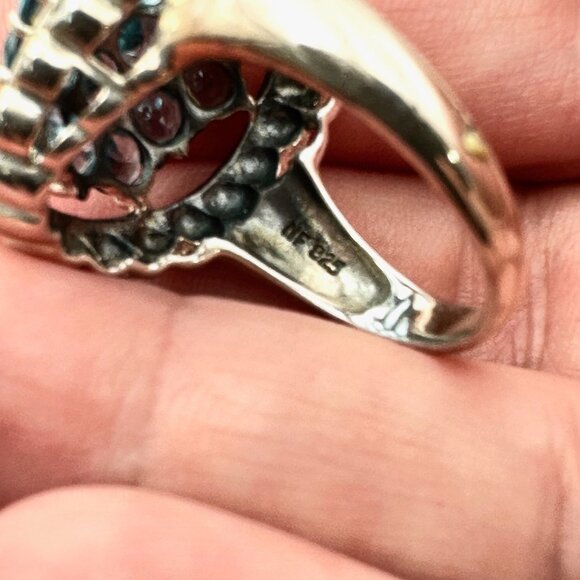 Estate Womens Ring Sterling Silver Blue Topaz Cluster Marcasite Size 9 Signed NF - Picture 7 of 9